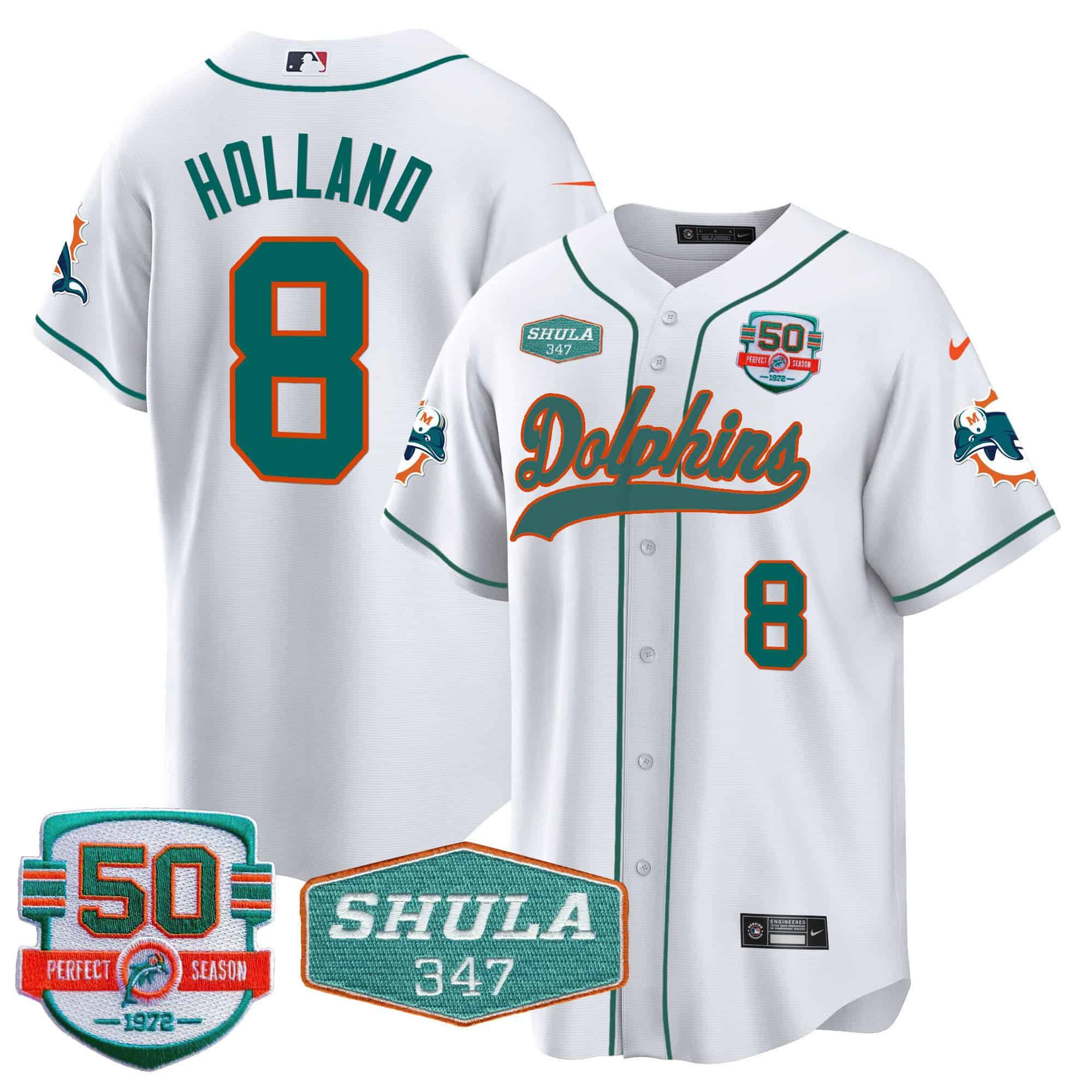 Men Miami Dolphins #8 Holland White 2024 Nike 50th Don Shula Memorial Patch Baseball NFL Jersey->customized nfl jersey->Custom Jersey